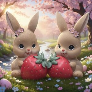 Cottontail Lane Easter Bunny Rabbit Figurine Holding Strawberry Set of 2 - New